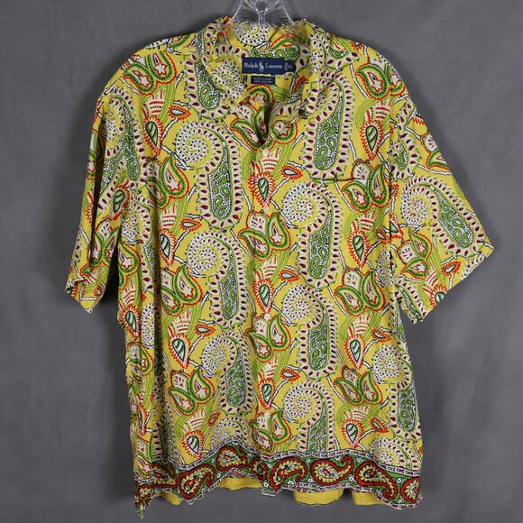 VTG Polo Ralph Lauren Shirt Mens XL Yellow Paisley Bob Camp Psychedelic 90s - Picture 2 of 12